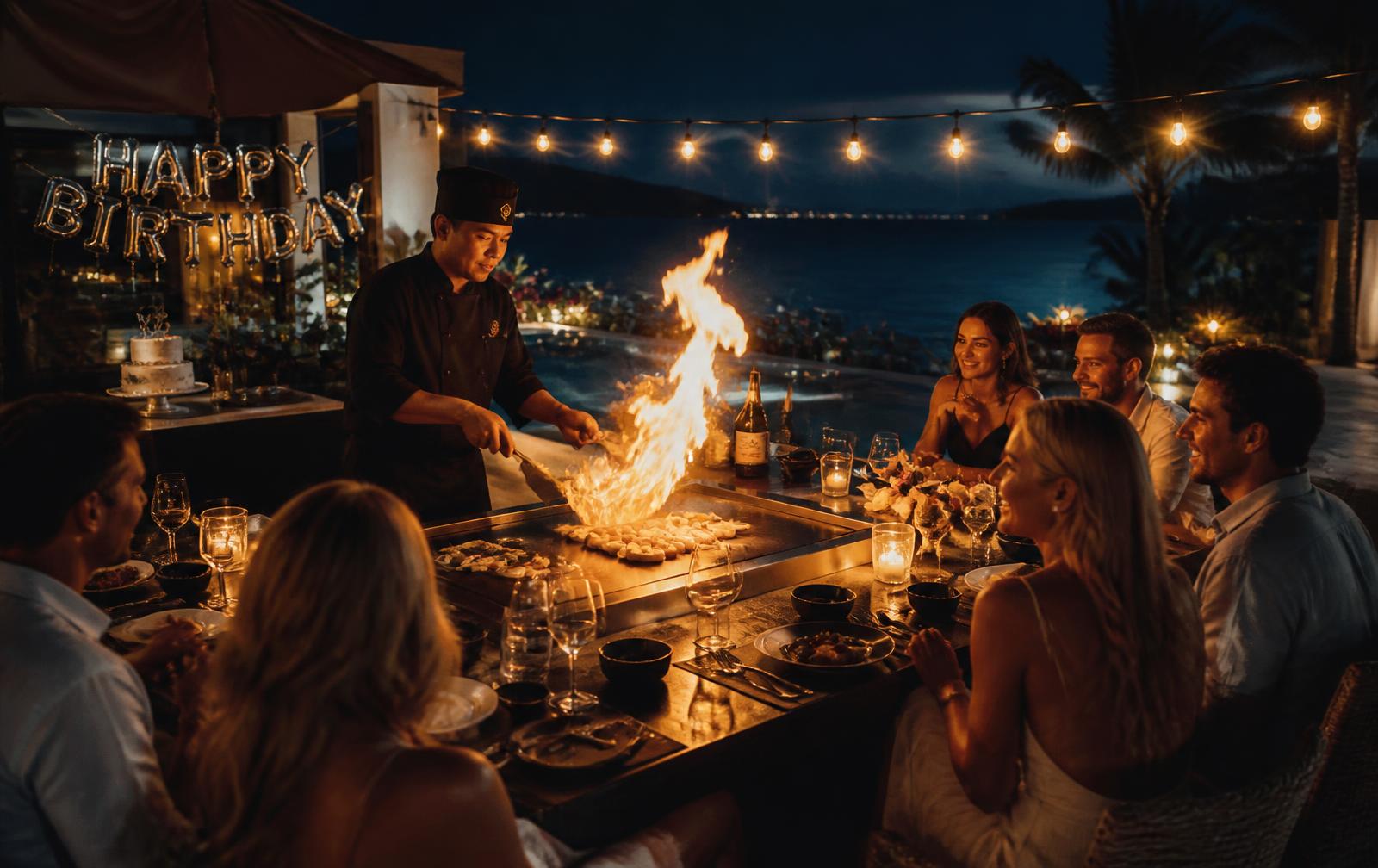 Chef flipping shrimp over a flaming grill at a poolside villa birthday celebration.