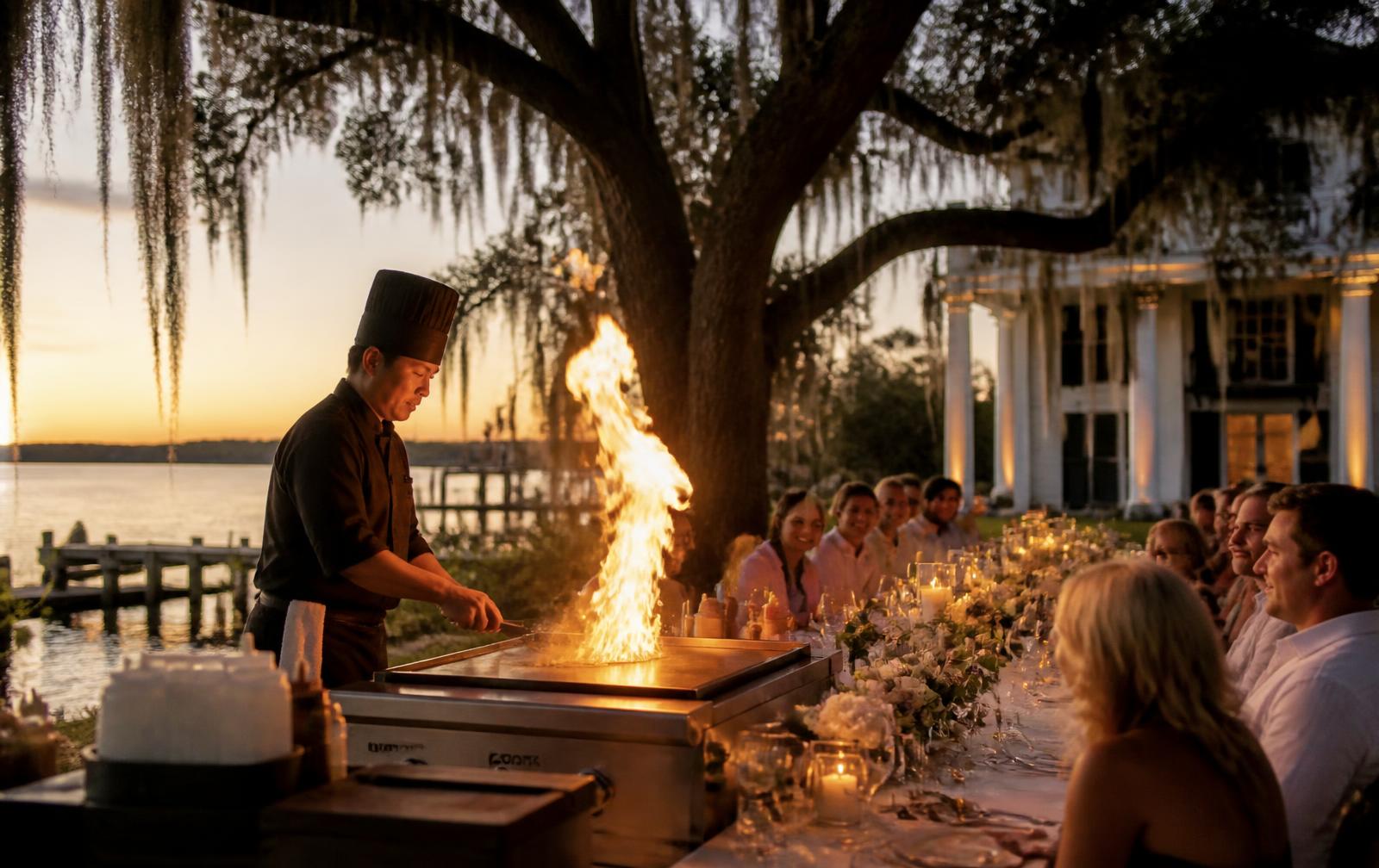Chef sending up a flame at a candlelit wedding rehearsal dinner beneath live oaks.