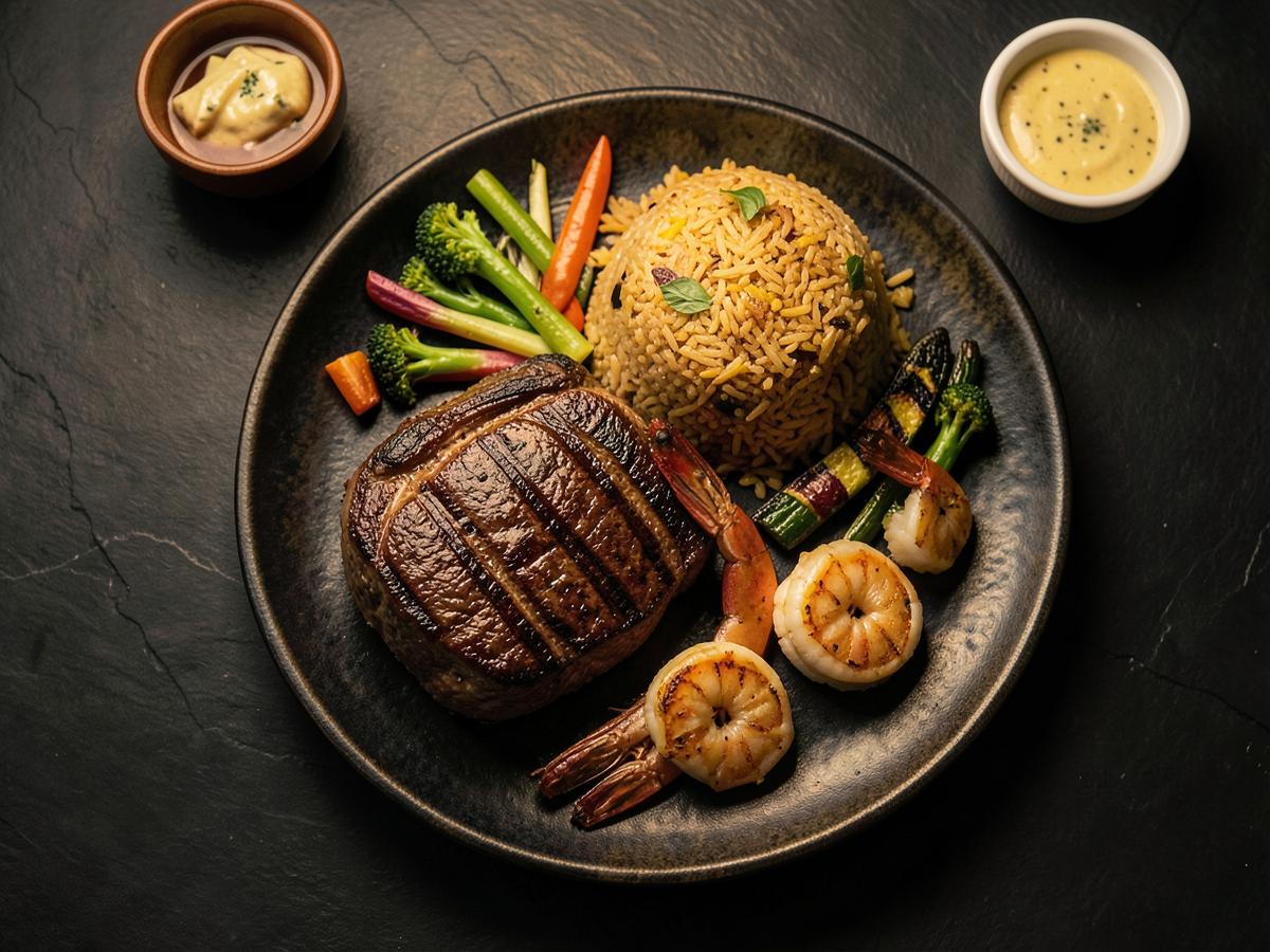 Hibachi plate with filet mignon, jumbo shrimp, fried rice, grilled vegetables and dipping sauces