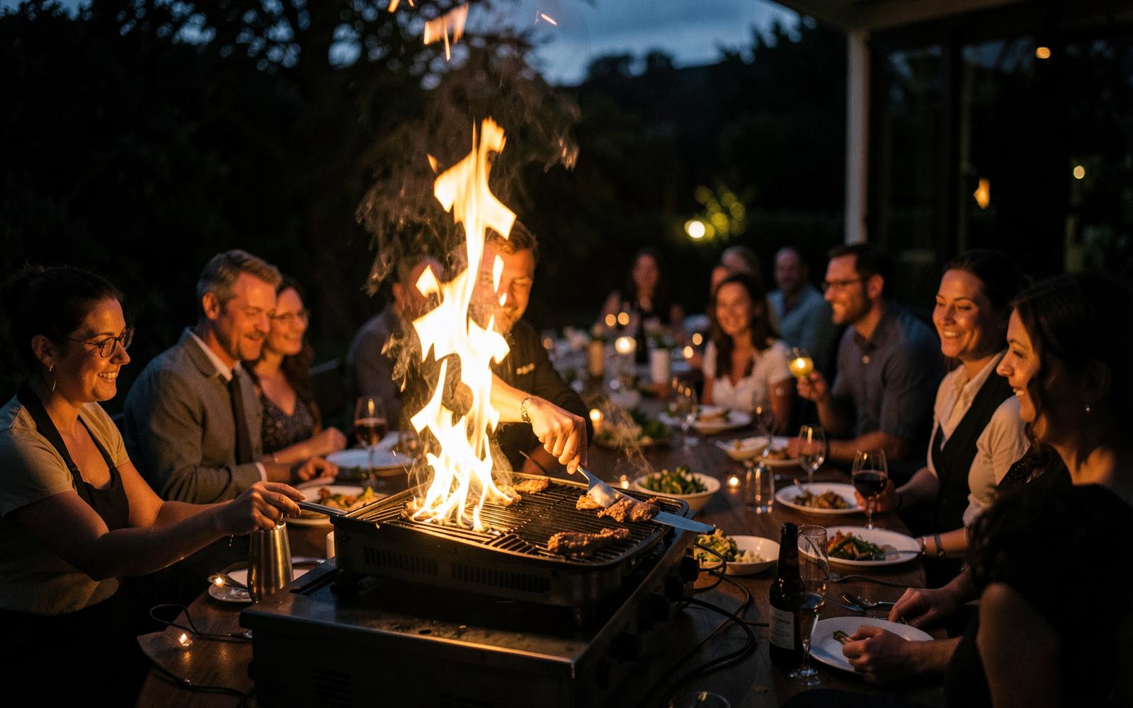 Hibachi chef cooking on a portable grill beside a long dinner table of seated guests at dusk
