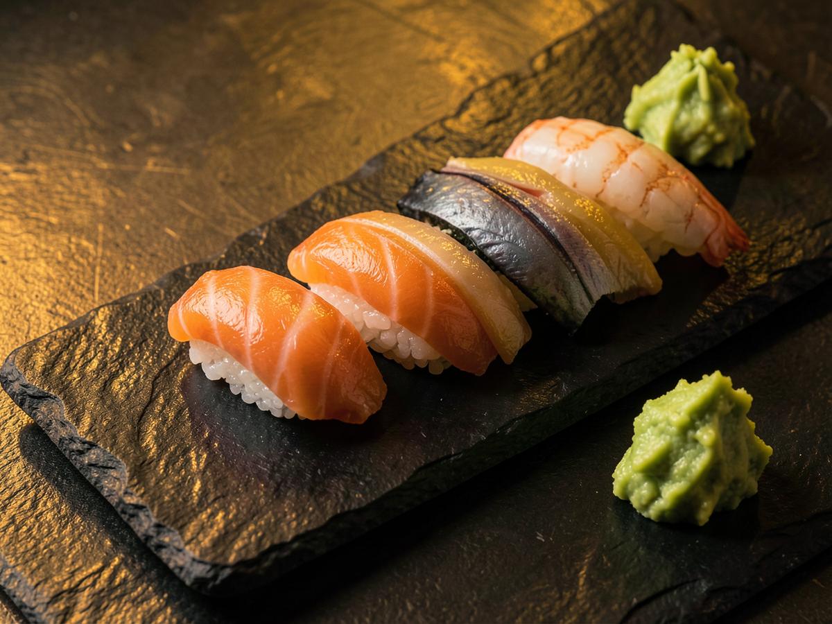 Chef's nigiri selection of salmon, tuna, yellowtail and shrimp on a dark slate board