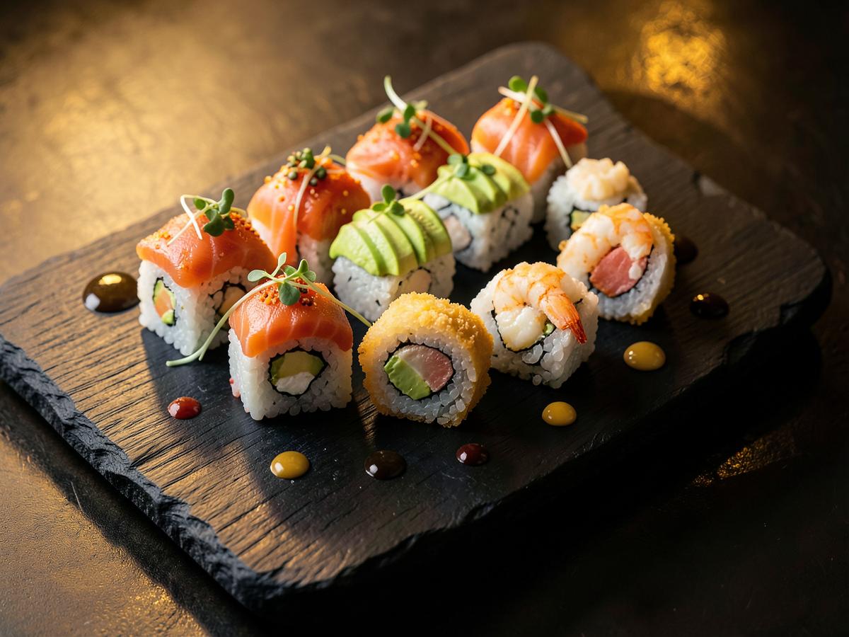 Signature sushi roll platter with spicy tuna, salmon avocado, shrimp tempura and dragon rolls